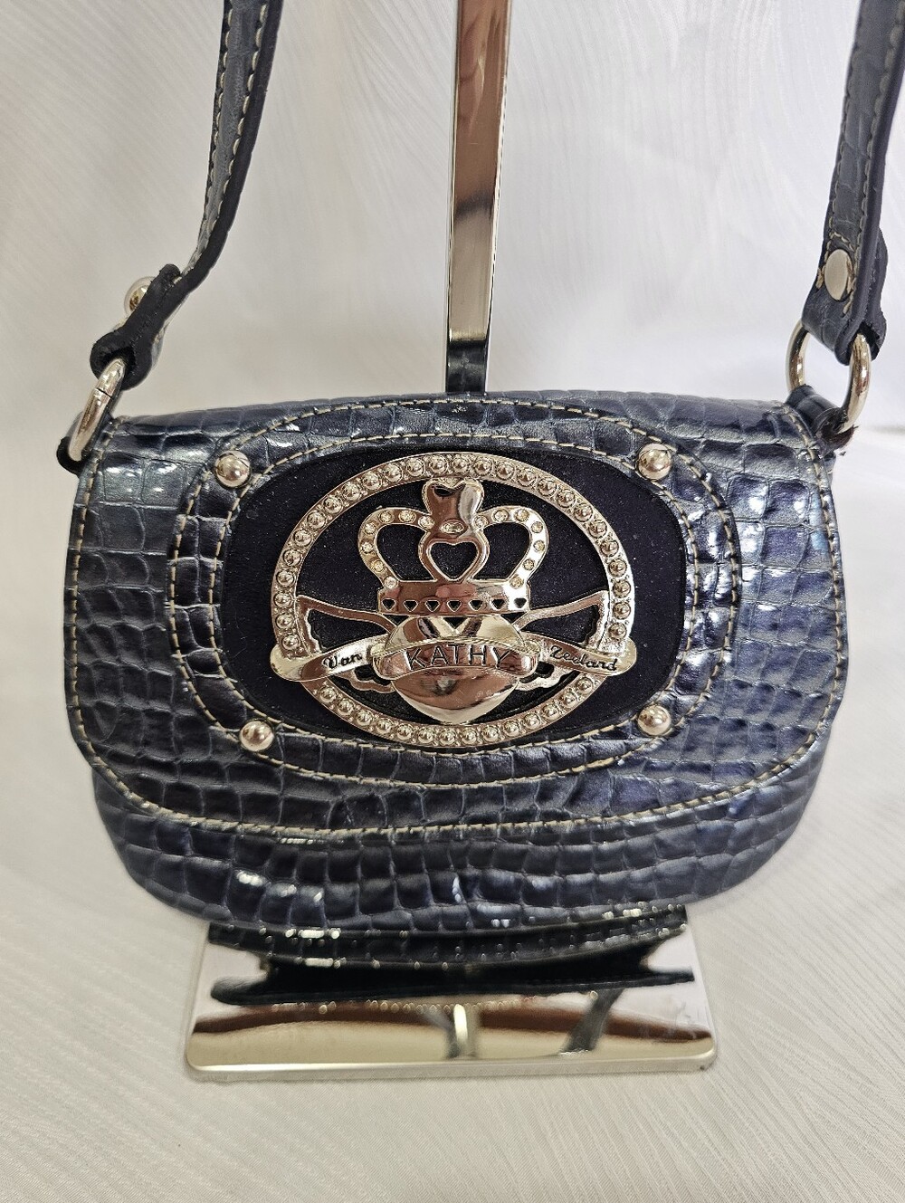 Kathy Van Zeeland Navy Croc-Embossed Crossbody Bag with Crystal Emblem